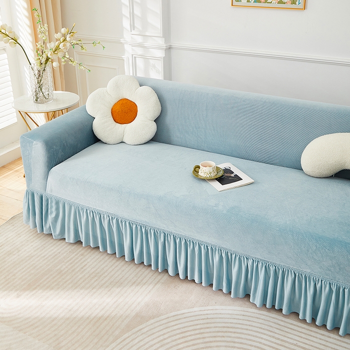 91家纺网 家纺一手货源 找家纺 丝绮鹿 2025新款灯芯绒系列沙发套-竖条-裙摆 雾蓝