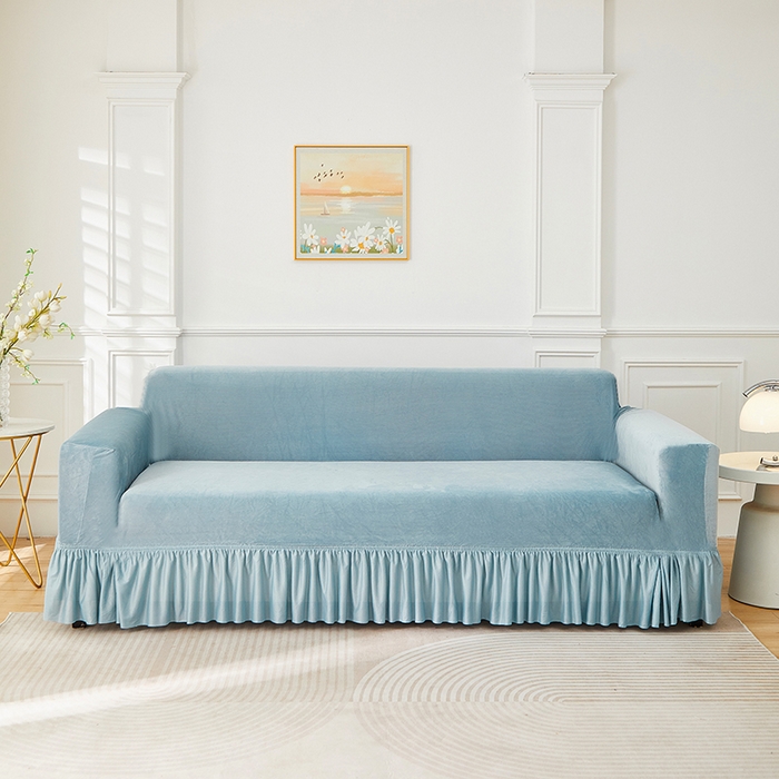 丝绮鹿 2025新款灯芯绒系列沙发套-竖条-裙摆 雾蓝