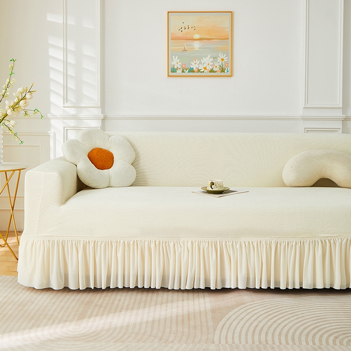 91家纺网 家纺一手货源 找家纺 丝绮鹿 2025新款灯芯绒系列沙发套-竖条-裙摆 米白