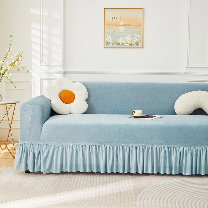 91家纺网 家纺一手货源 找家纺 丝绮鹿 2025新款灯芯绒系列沙发套-竖条-裙摆 雾蓝