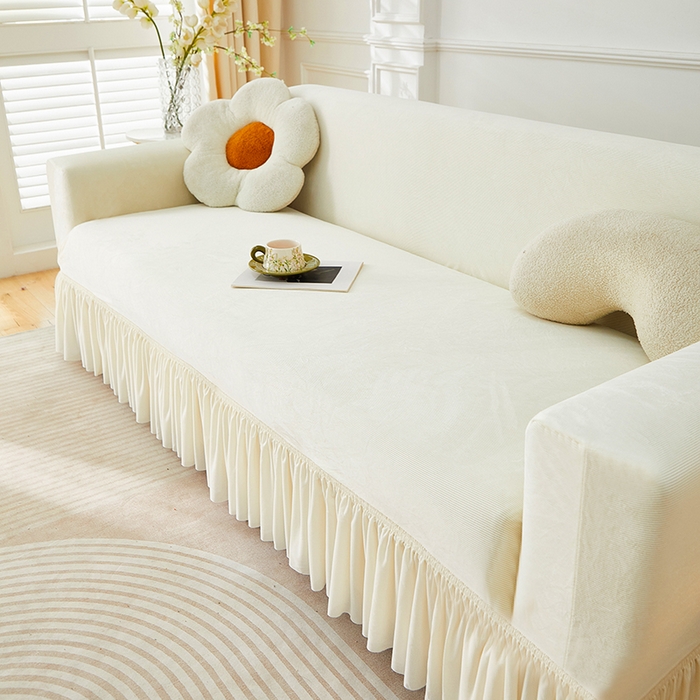 91家纺网 家纺一手货源 找家纺 丝绮鹿 2025新款灯芯绒系列沙发套-竖条-裙摆 米白