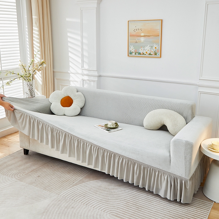 91家纺网 家纺一手货源 找家纺 丝绮鹿 2025新款灯芯绒系列沙发套-竖条-裙摆 浅灰