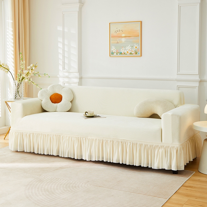 91家纺网 家纺一手货源 找家纺 丝绮鹿 2025新款灯芯绒系列沙发套-竖条-裙摆 米白