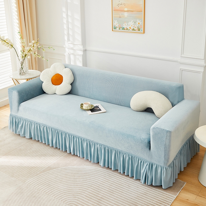 91家纺网 家纺一手货源 找家纺 丝绮鹿 2025新款灯芯绒系列沙发套-竖条-裙摆 雾蓝