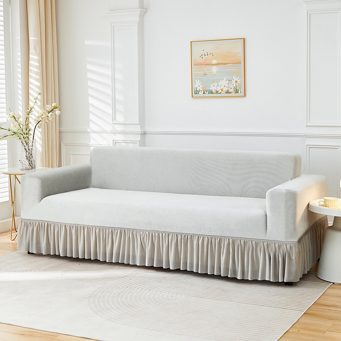 91家纺网 家纺一手货源 找家纺 丝绮鹿 2025新款灯芯绒系列沙发套-竖条-裙摆 浅灰