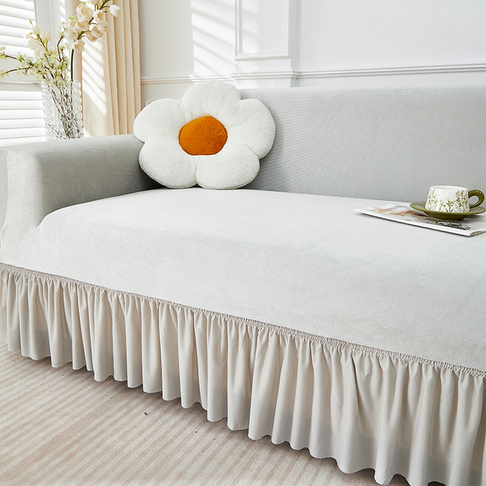 91家纺网 家纺一手货源 找家纺 丝绮鹿 2025新款灯芯绒系列沙发套-竖条-裙摆 浅灰