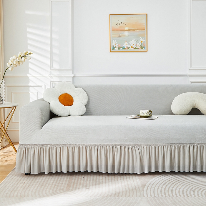 91家纺网 家纺一手货源 找家纺 丝绮鹿 2025新款灯芯绒系列沙发套-竖条-裙摆 浅灰