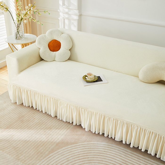 91家纺网 家纺一手货源 找家纺 丝绮鹿 2025新款灯芯绒系列沙发套-竖条-裙摆 米白