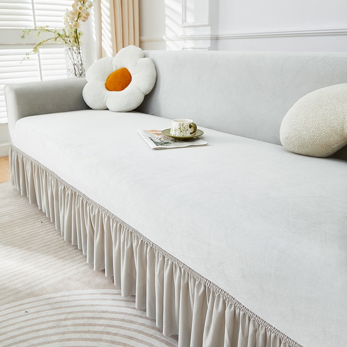 91家纺网 家纺一手货源 找家纺 丝绮鹿 2025新款灯芯绒系列沙发套-竖条-裙摆 浅灰