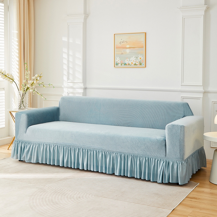 91家纺网 家纺一手货源 找家纺 丝绮鹿 2025新款灯芯绒系列沙发套-竖条-裙摆 雾蓝