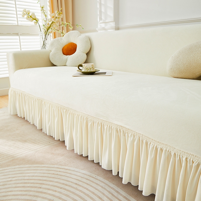 91家纺网 家纺一手货源 找家纺 丝绮鹿 2025新款灯芯绒系列沙发套-竖条-裙摆 米白