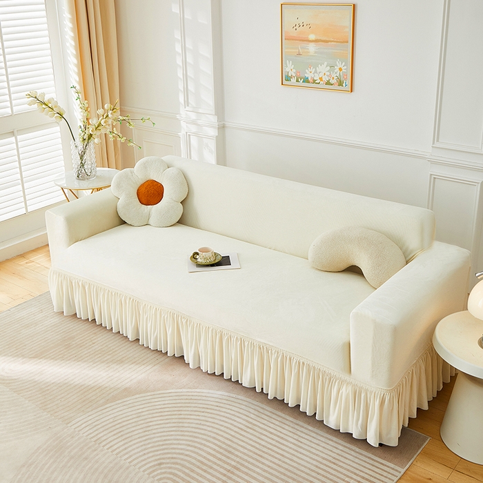 91家纺网 家纺一手货源 找家纺 丝绮鹿 2025新款灯芯绒系列沙发套-竖条-裙摆 米白