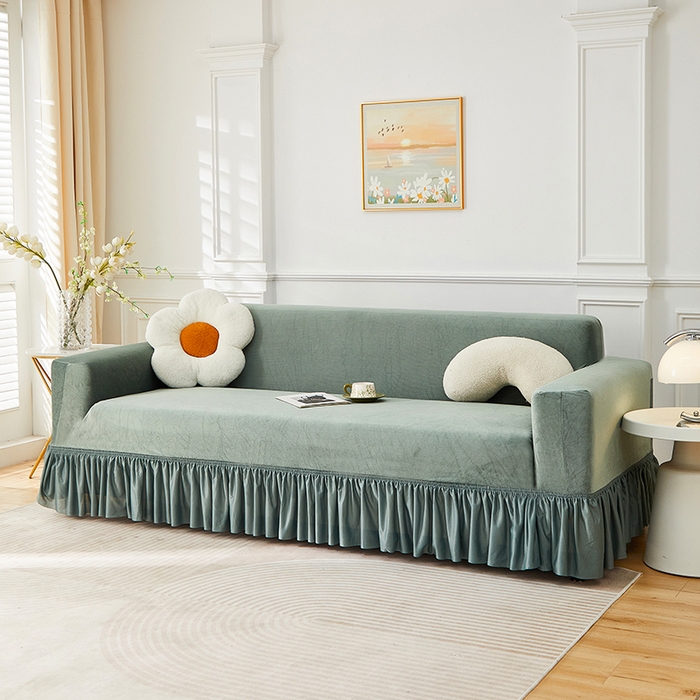 91家纺网 家纺一手货源 找家纺 丝绮鹿 2025新款灯芯绒系列沙发套-竖条-裙摆 青绿