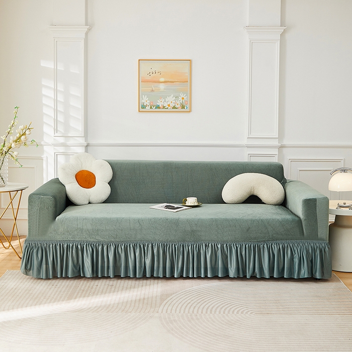 91家纺网 家纺一手货源 找家纺 丝绮鹿 2025新款灯芯绒系列沙发套-竖条-裙摆 青绿