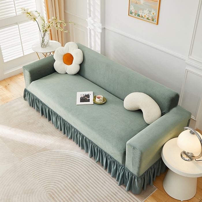 91家纺网 家纺一手货源 找家纺 丝绮鹿 2025新款灯芯绒系列沙发套-竖条-裙摆 青绿