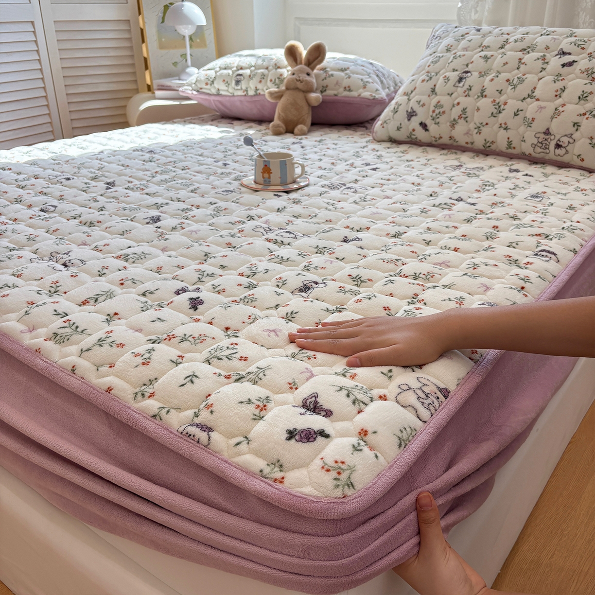 91家纺网 家纺一手货源 找家纺 居眠 2025新款印花牛奶绒夹棉床笠 牛奶绒夹棉款-芋泥小兔