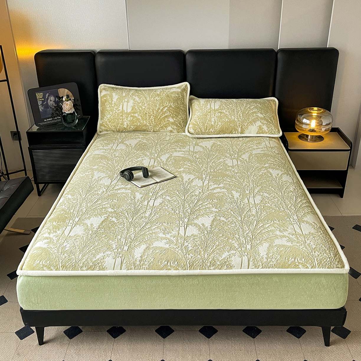 91家纺网 家纺一手货源 找家纺 极简 2025新款雕花牛奶绒床笠-欧曼系列 欧曼-美丽绿