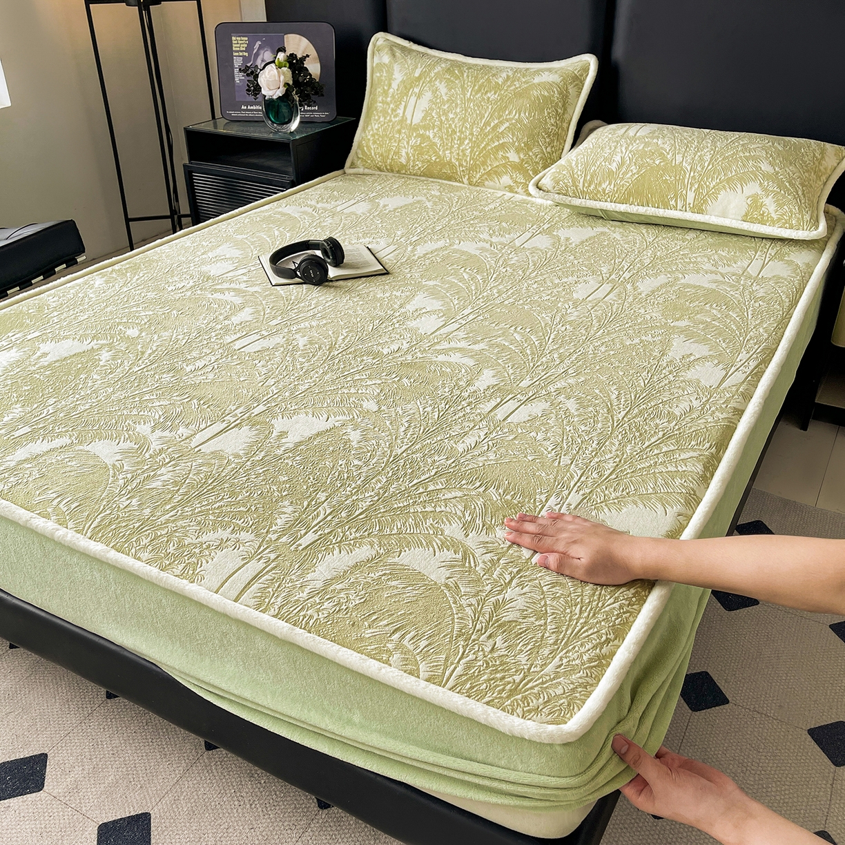 极简 2025新款雕花牛奶绒床笠-欧曼系列 欧曼-美丽绿