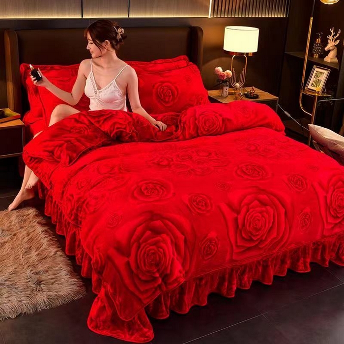 韩秀2025新款金貂牛奶法莱绒床裙款四件套加厚保暖8.5斤金雕绒 大红玫瑰