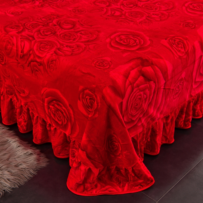 91家纺网 家纺一手货源 找家纺 韩秀2025新款金貂牛奶法莱绒床裙款四件套加厚保暖8.5斤金雕绒 大红玫瑰