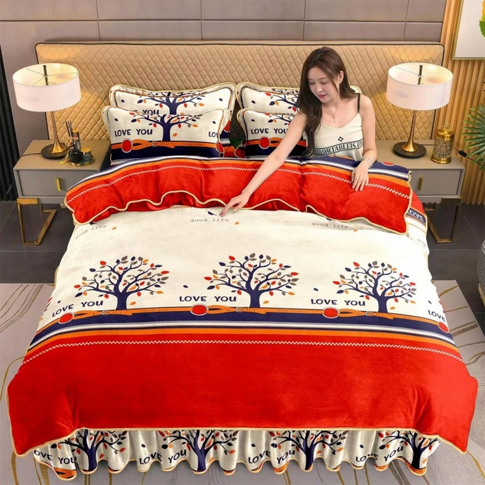 韩秀2025新款金貂牛奶法莱绒床裙款四件套加厚保暖8.5斤金雕绒 发财树