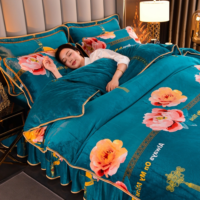 91家纺网 家纺一手货源 找家纺 韩秀2025新款金貂牛奶法莱绒床裙款四件套加厚保暖8.5斤金雕绒 花好月圆