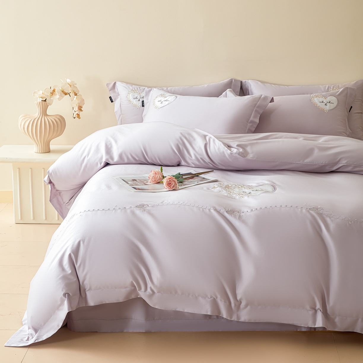 91家纺网 家纺一手货源 找家纺 洺兰家居 2025年新款新疆长绒棉100支刺绣款绣花四件套 小确幸 小确幸-紫