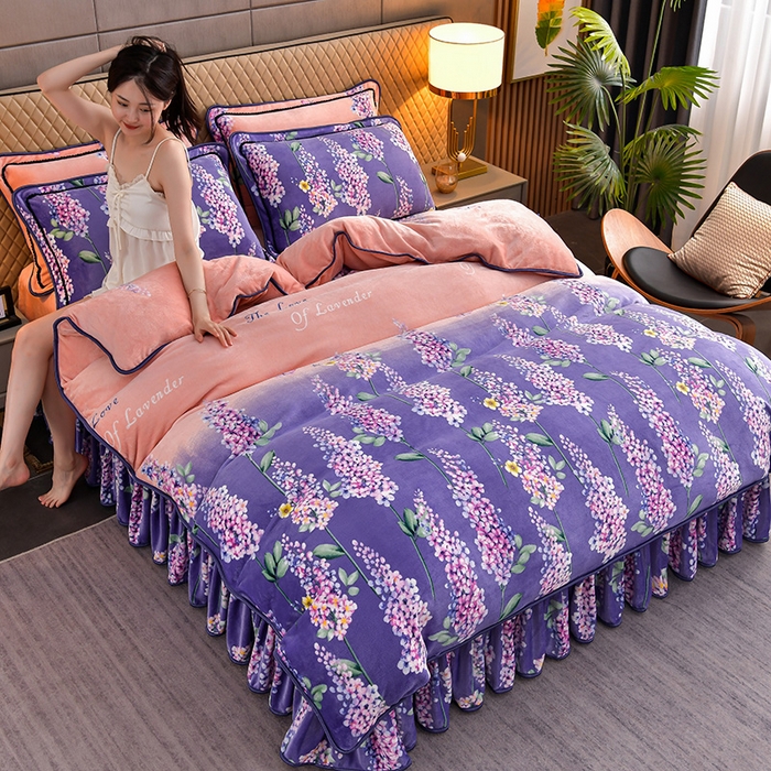 韩秀2025新款金貂牛奶法莱绒床裙款四件套加厚保暖8.5斤金雕绒 薰衣草