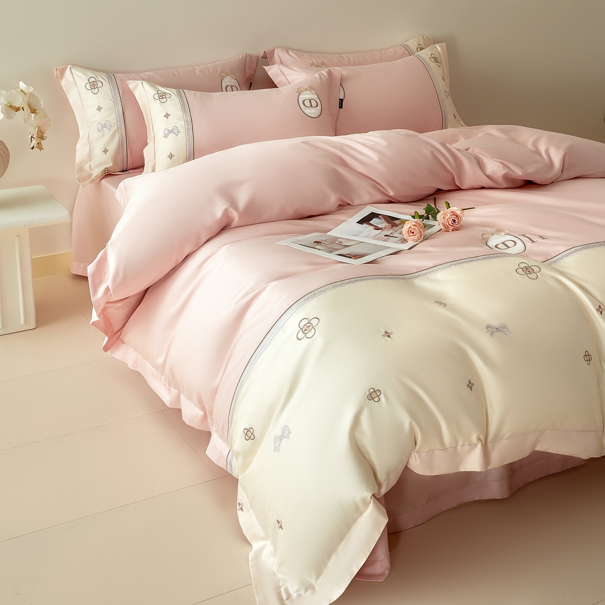 91家纺网 家纺一手货源 找家纺 洺兰家居 2025年新款新疆长绒棉100支刺绣款绣花四件套 戴琳 戴琳-粉