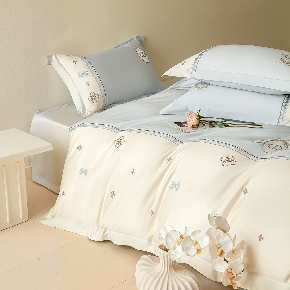 91家纺网 家纺一手货源 找家纺 洺兰家居 2025年新款新疆长绒棉100支刺绣款绣花四件套 戴琳 戴琳-蓝