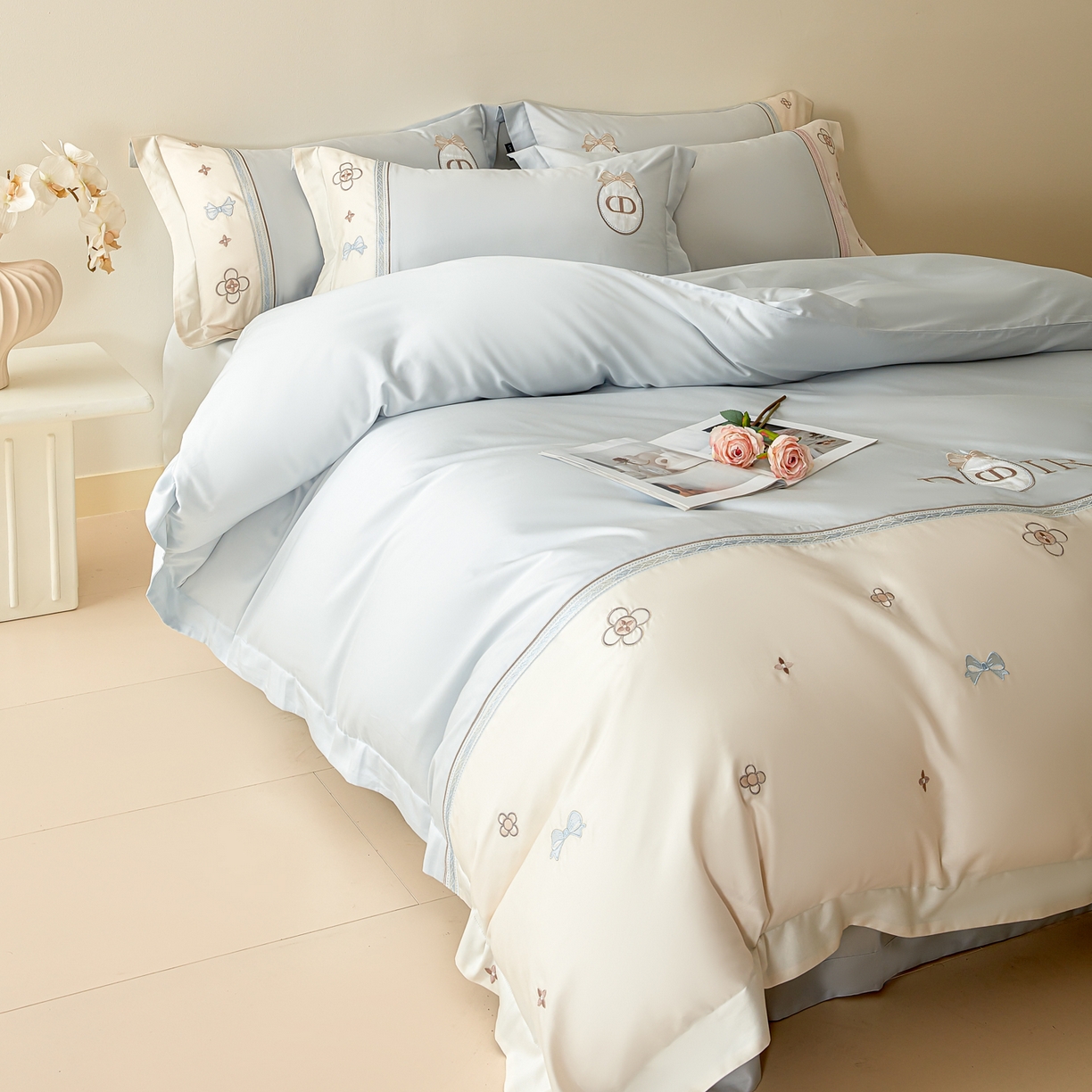 91家纺网 家纺一手货源 找家纺 洺兰家居 2025年新款新疆长绒棉100支刺绣款绣花四件套 戴琳 戴琳-蓝