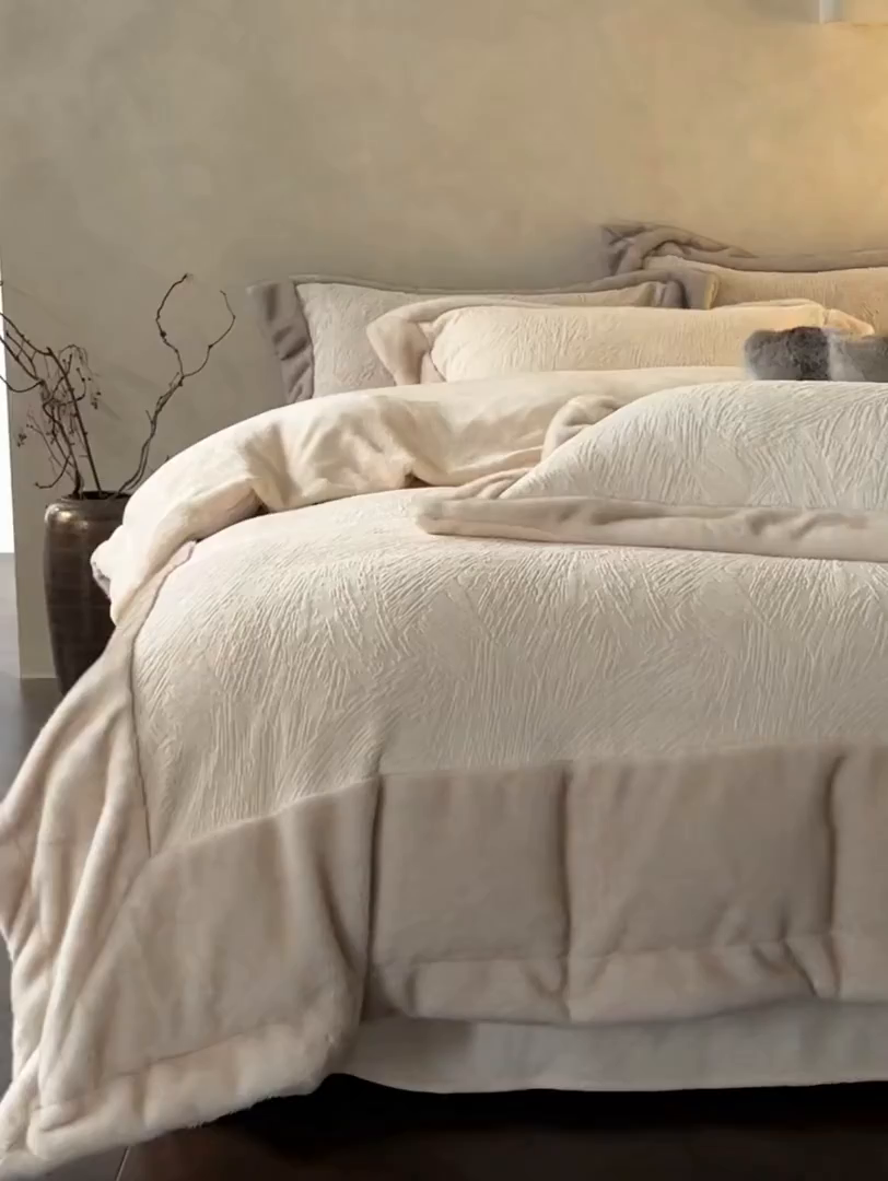 91家纺网 家纺一手货源 找家纺 佳汐蓝家纺 2025新款雕花牛奶绒水貂毛拼边四件套-丹尔曼（卷后不低于398起） 丹尔曼-米香槟