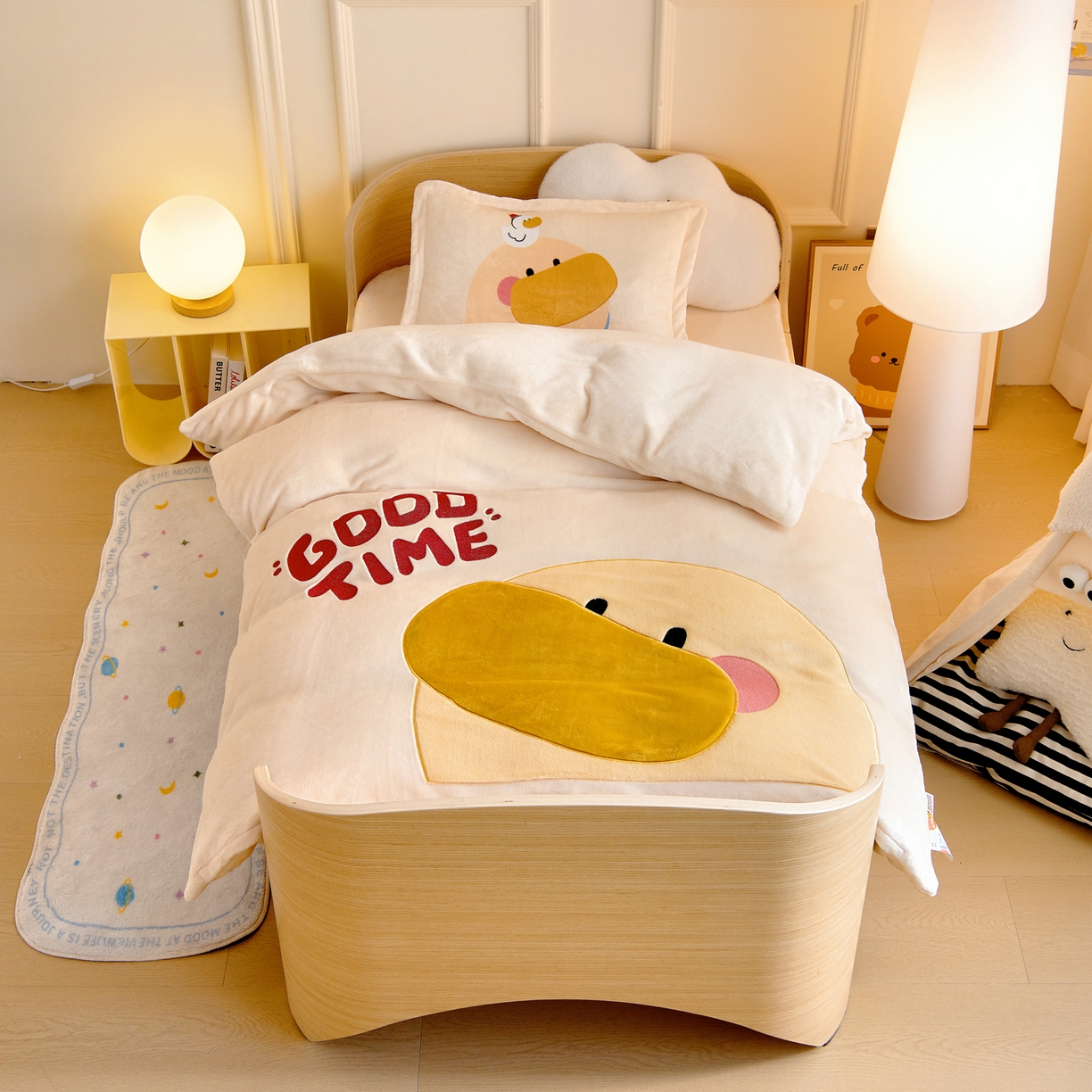 梵赫 2025新款加厚牛奶绒贴布绣原创卡通幼儿园套件儿童三件套 可爱小鸭