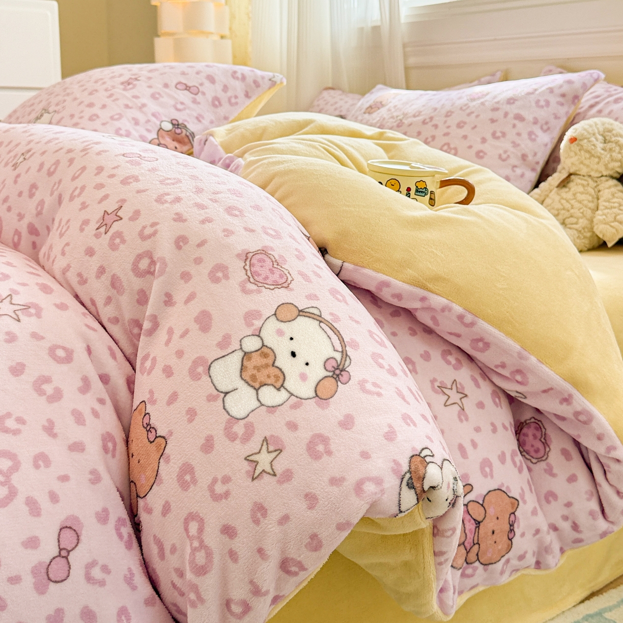 呗旺鹿 2025新款A类牛奶绒数码印花卡通小清新四件套（场景二） 豹纹凯蒂