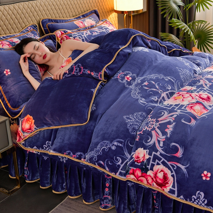 91家纺网 家纺一手货源 找家纺 韩秀家纺 2025新8.5-9.5斤牛奶绒床裙四件套法兰绒加厚抗静电超柔230克加厚 暗香