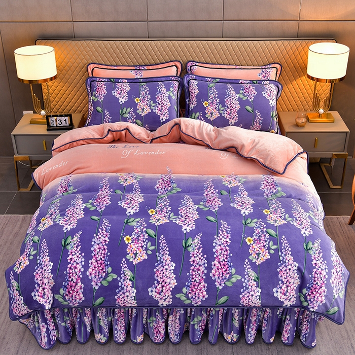 91家纺网 家纺一手货源 找家纺 韩秀家纺 2025新8.5-9.5斤牛奶绒床裙四件套法兰绒加厚抗静电超柔230克加厚 薰衣草