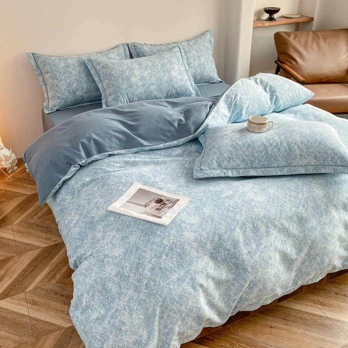 91家纺网 家纺一手货源 找家纺 大吉 2025新款加厚活性喷气磨毛棉四件套被套床单床笠学生单人三件套 印象-蓝