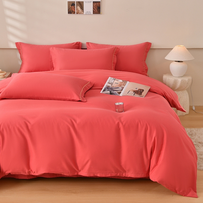 91家纺网 家纺一手货源 找家纺 宇彬家纺 2026直播热新款A类13374全棉一字绣宽边枕套被套纯色四件套贡缎新疆长绒匹马棉轻奢缩水足可定做 简绣-宝石红