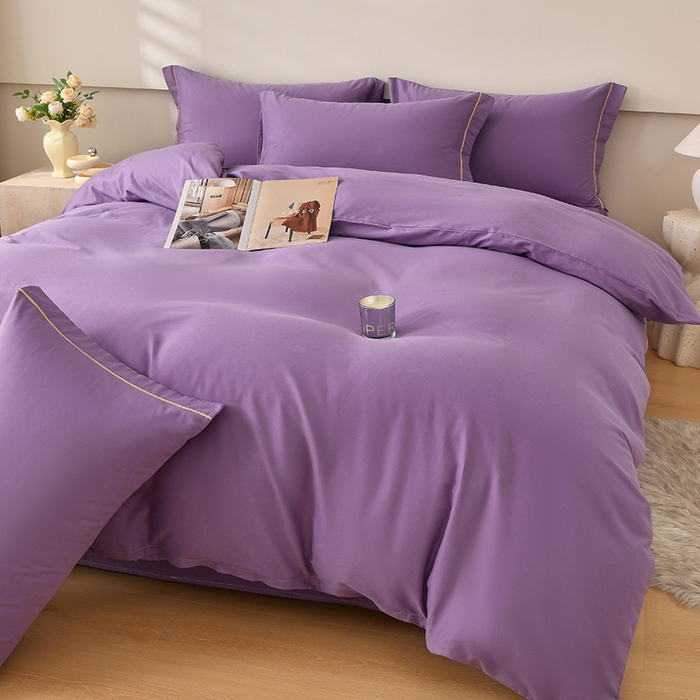 91家纺网 家纺一手货源 找家纺 宇彬家纺 2026直播热新款A类13374全棉一字绣宽边枕套被套纯色四件套贡缎新疆长绒匹马棉轻奢缩水足可定做 简绣-典雅紫