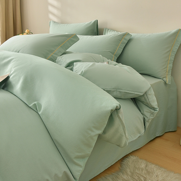 91家纺网 家纺一手货源 找家纺 宇彬家纺 2026直播热新款A类13374全棉一字绣宽边枕套被套纯色四件套贡缎新疆长绒匹马棉轻奢缩水足可定做 简绣-炫彩绿