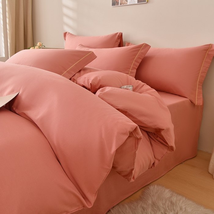 91家纺网 家纺一手货源 找家纺 宇彬家纺 2026直播热新款A类13374全棉一字绣宽边枕套被套纯色四件套贡缎新疆长绒匹马棉轻奢缩水足可定做 简绣-奶油粉