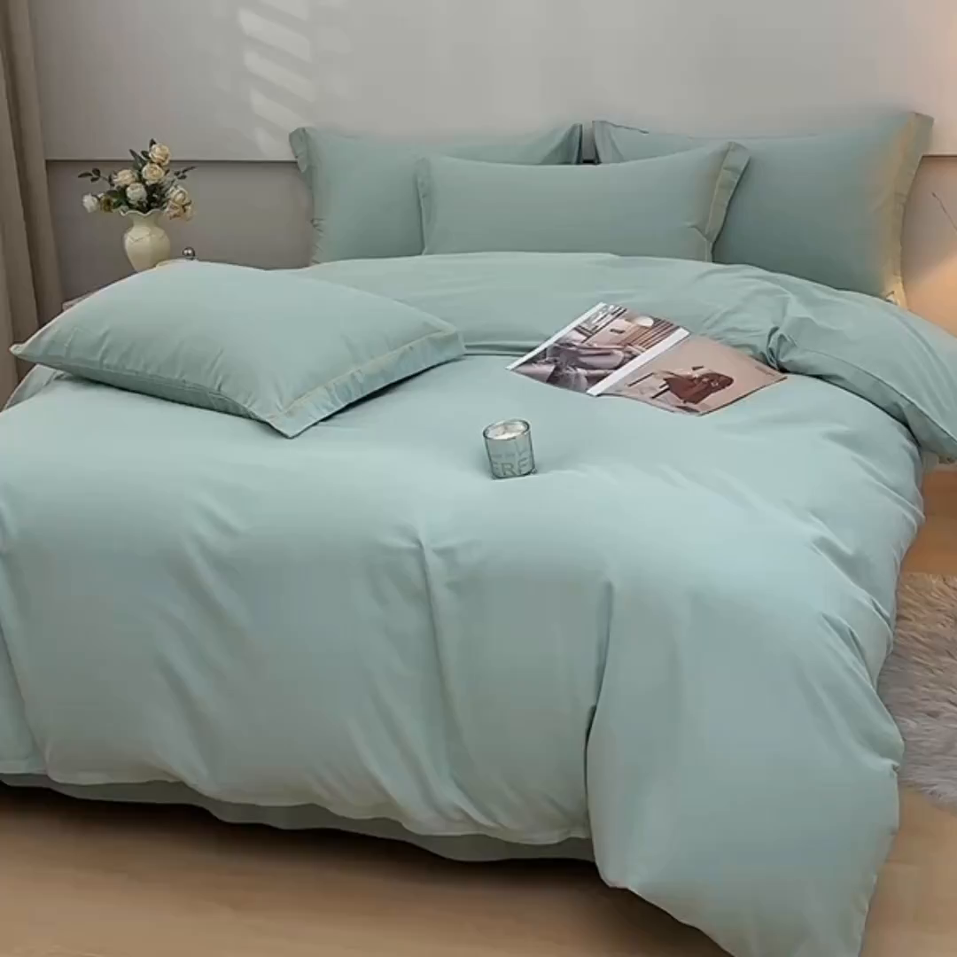 91家纺网 家纺一手货源 找家纺 宇彬家纺 2026直播热新款A类13374全棉一字绣宽边枕套被套纯色四件套贡缎新疆长绒匹马棉轻奢缩水足可定做 简绣-炫彩绿