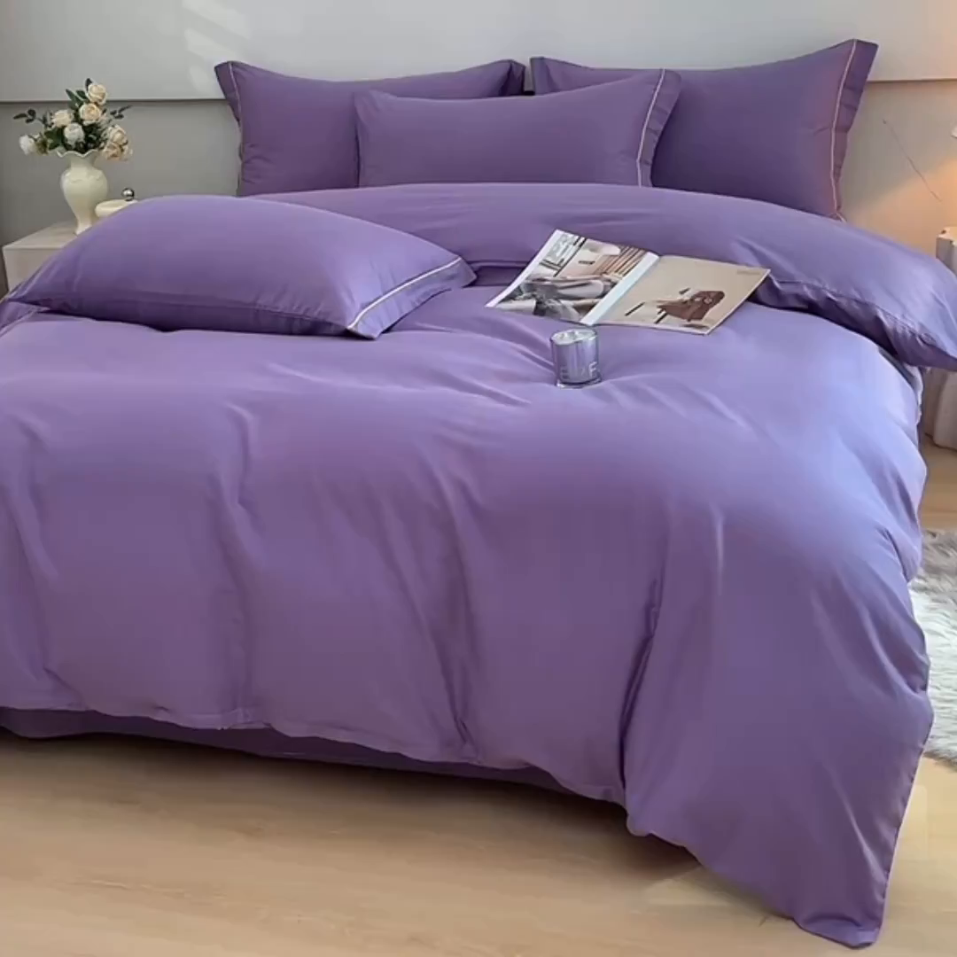 91家纺网 家纺一手货源 找家纺 宇彬家纺 2026直播热新款A类13374全棉一字绣宽边枕套被套纯色四件套贡缎新疆长绒匹马棉轻奢缩水足可定做 简绣-典雅紫