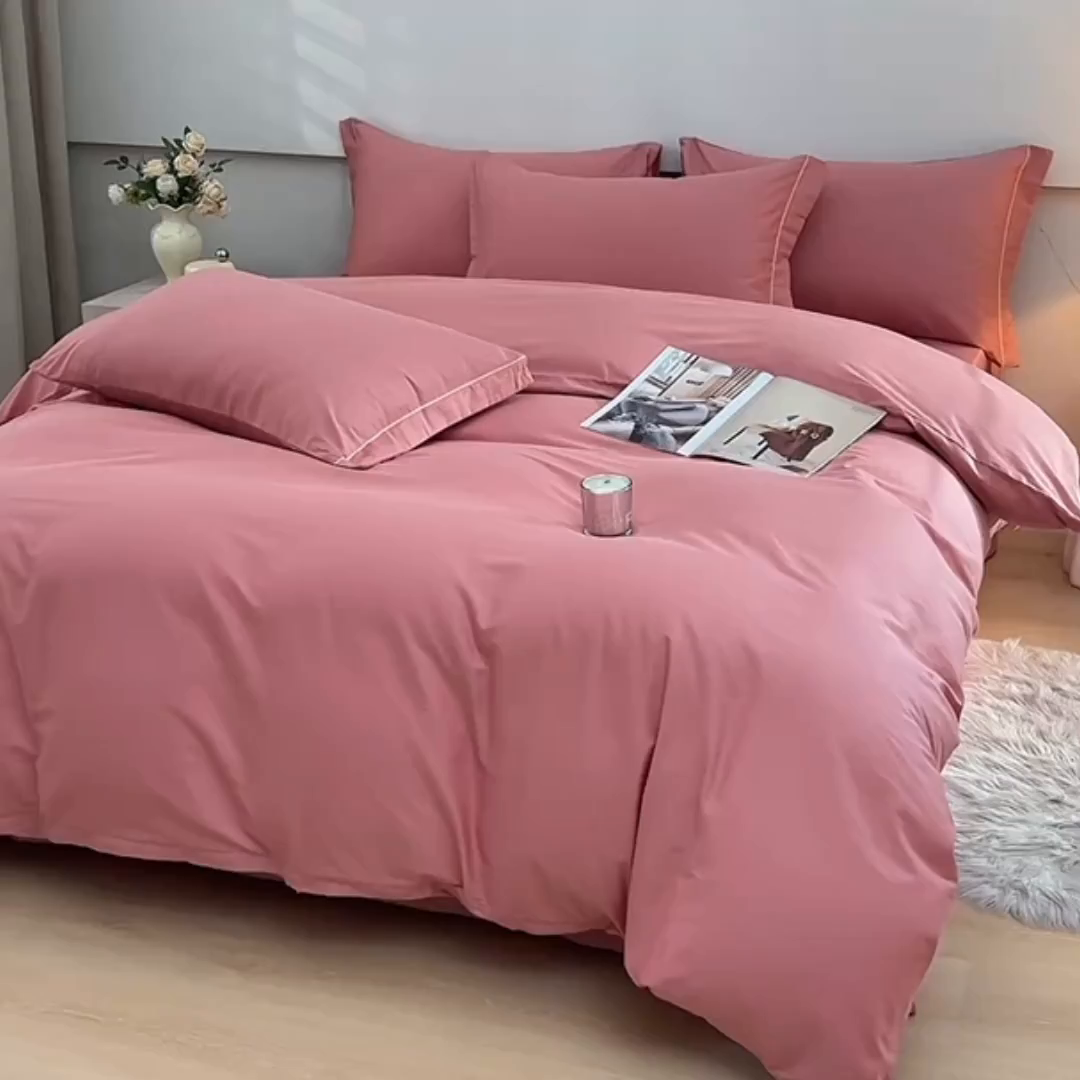 91家纺网 家纺一手货源 找家纺 宇彬家纺 2026直播热新款A类13374全棉一字绣宽边枕套被套纯色四件套贡缎新疆长绒匹马棉轻奢缩水足可定做 简绣-奶油粉