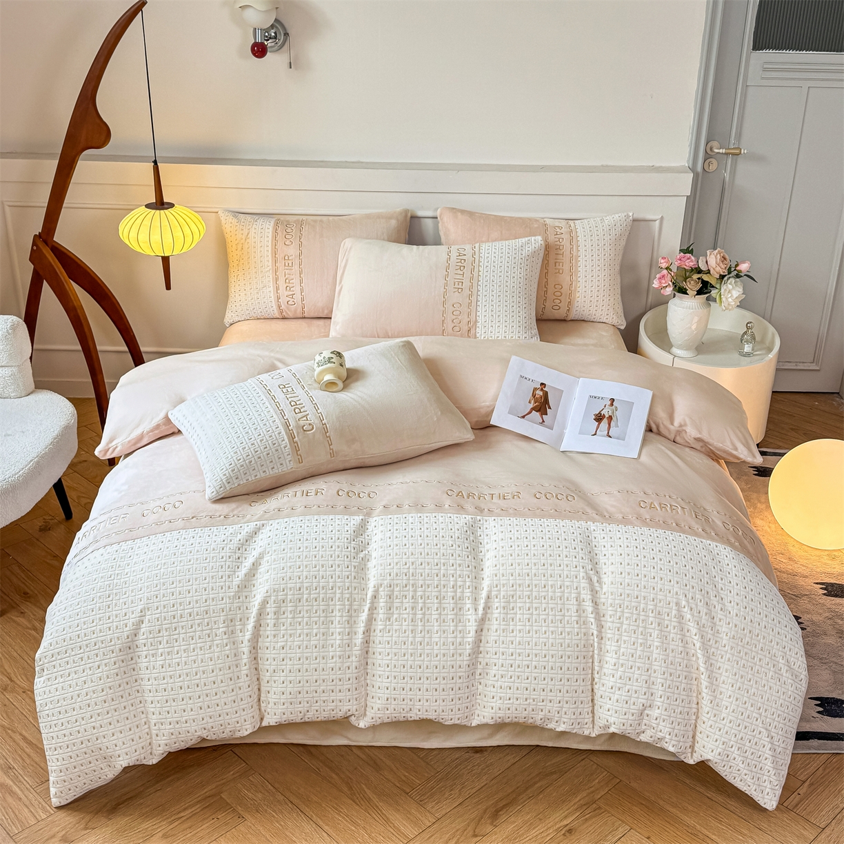 91家纺网 家纺一手货源 找家纺 （总）灰鲸 2025新款牛奶绒刺绣拼接款四件套-威廉