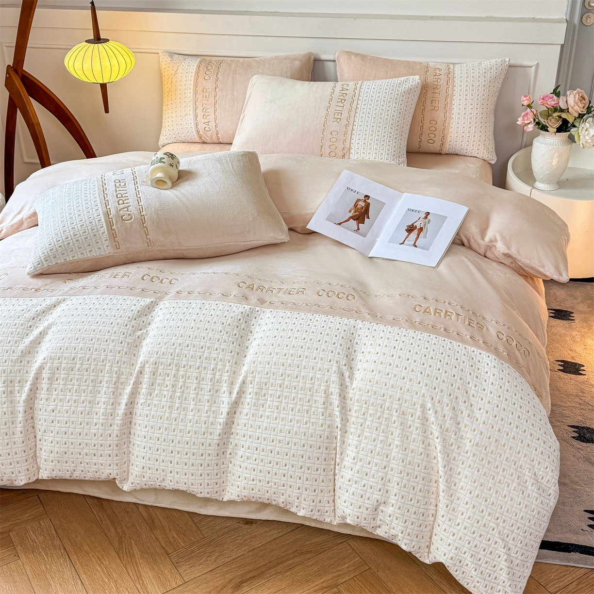 91家纺网 家纺一手货源 找家纺 （总）灰鲸 2025新款牛奶绒刺绣拼接款四件套-威廉