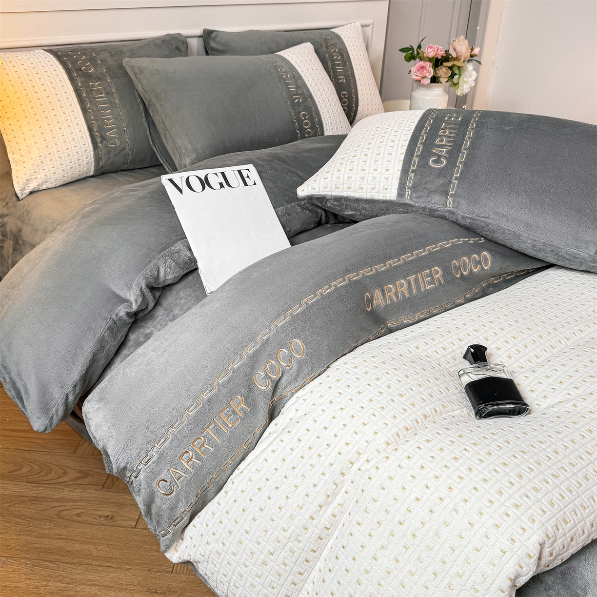 91家纺网 家纺一手货源 找家纺 （总）灰鲸 2025新款牛奶绒刺绣拼接款四件套-威廉