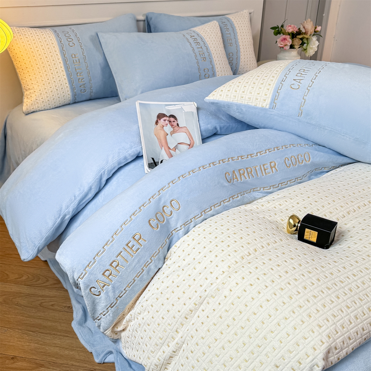 灰鲸 2025新款牛奶绒刺绣拼接款四件套-威廉 威廉-繁星蓝