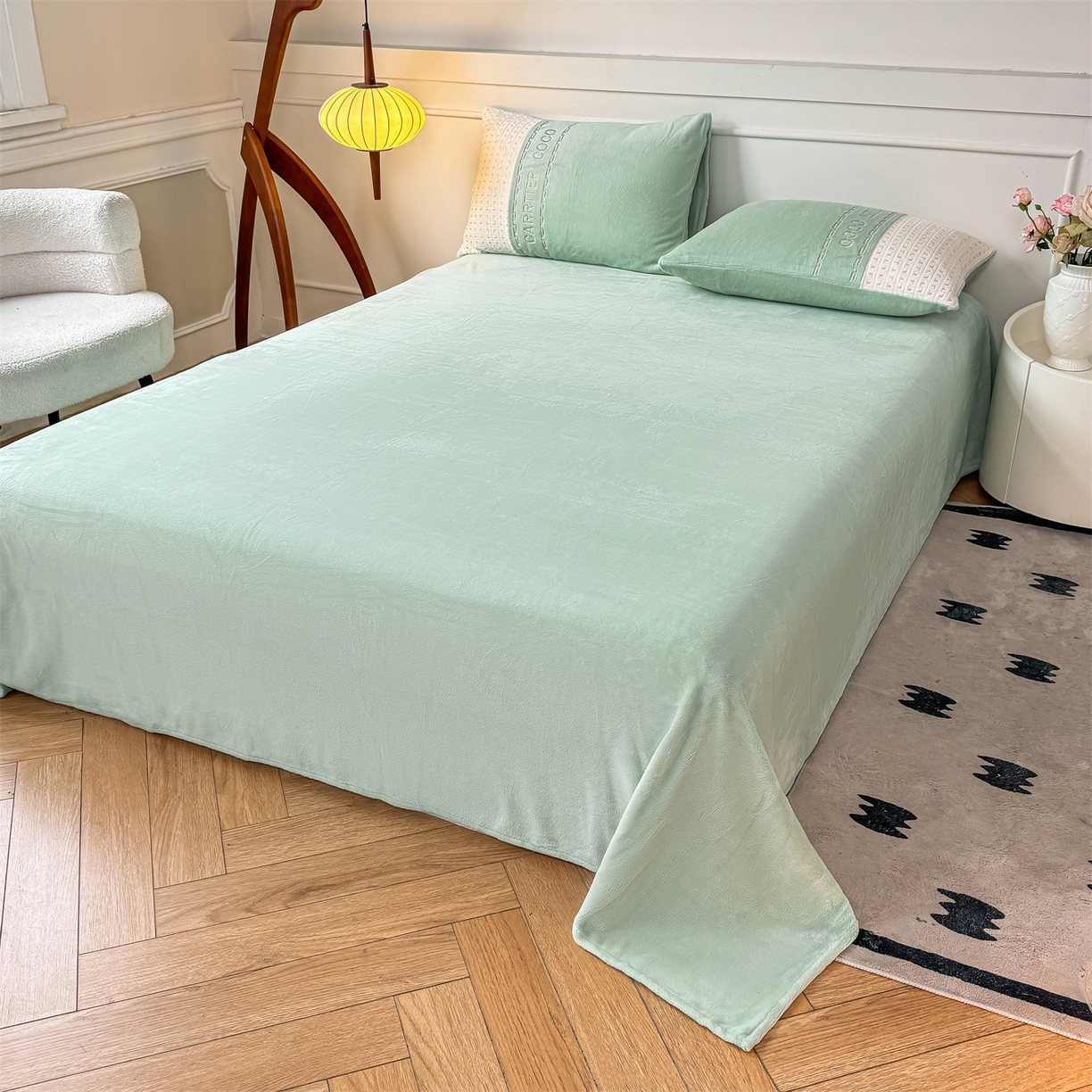 91家纺网 家纺一手货源 找家纺 灰鲸 2025新款牛奶绒刺绣拼接款四件套-威廉 威廉-抹茶绿