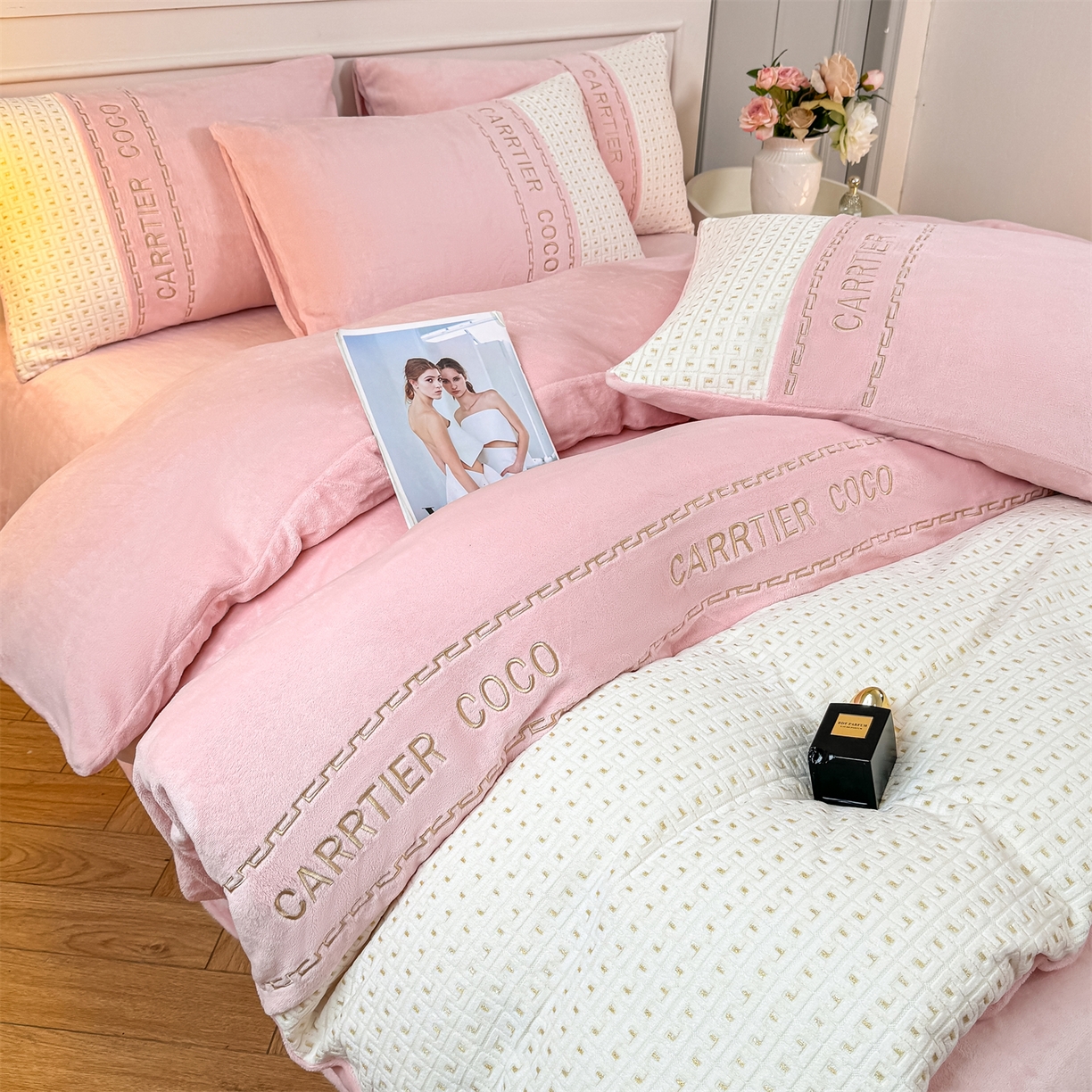 灰鲸 2025新款牛奶绒刺绣拼接款四件套-威廉 威廉-可可粉